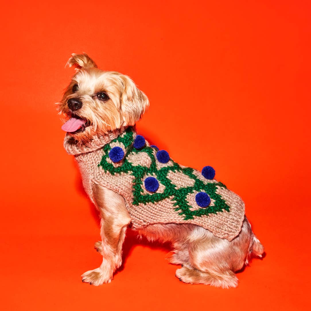 Green Royal Hand Knit Green/Royal Blue Pom Pom Dog Sweater for wholesale on Faire3