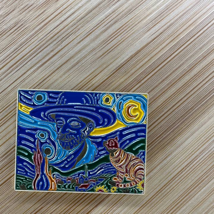 Van Gogh and Orange Tabby Impressionist Style Pin for wholesale by Scribble & Scroll