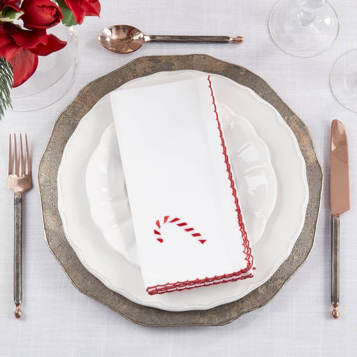 White Whip Stitch Candy Cane Napkin for wholesale on Faire