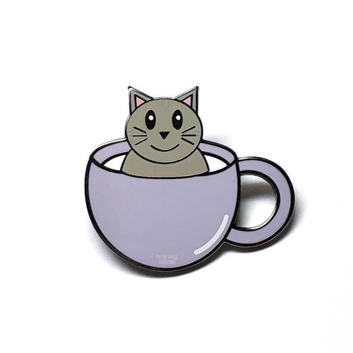 Grey Cat Teacup Enamel Pin for wholesale by Oh So Simple Creations