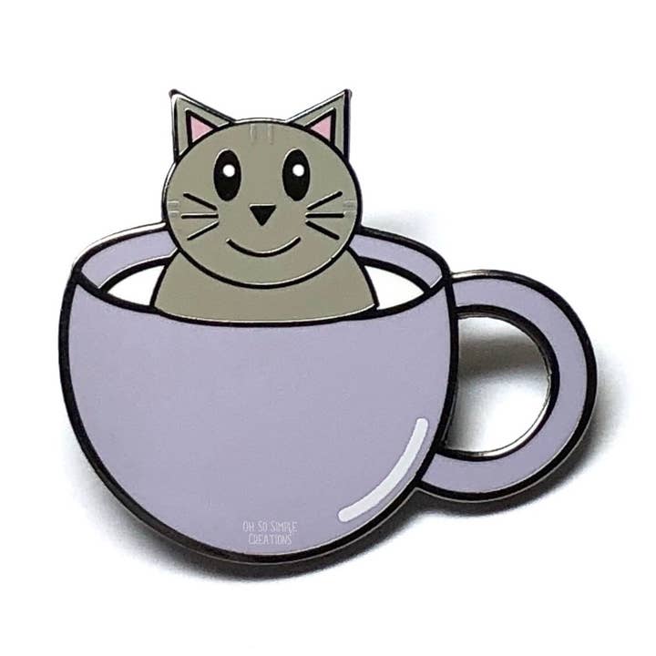 Grey Cat Teacup Enamel Pin for wholesale by Oh So Simple Creations