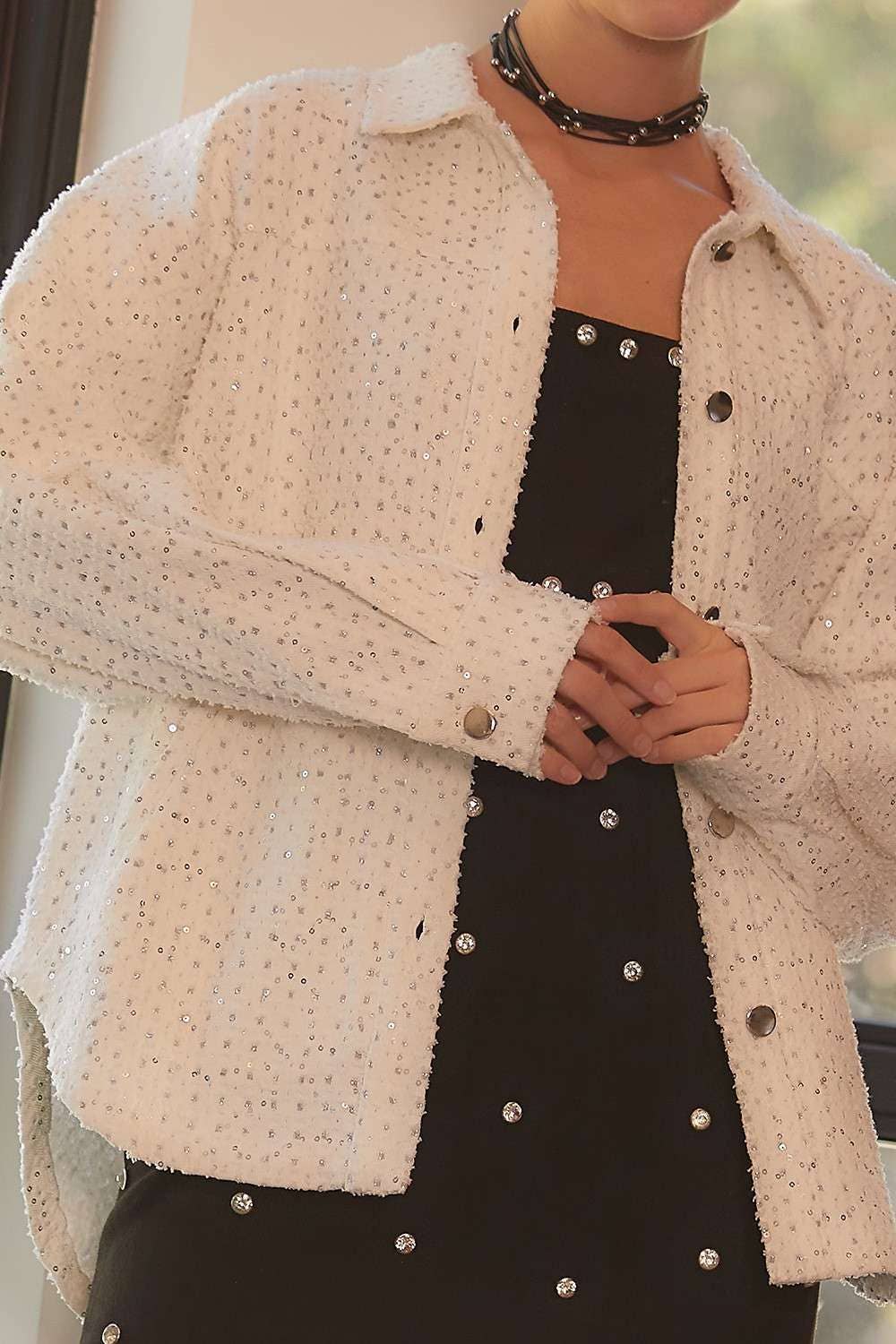 WHITE Sequin Glitter Oversize Denim Shacket for wholesale on Faire10