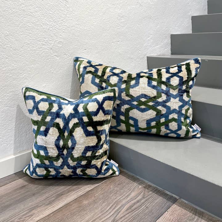 Mila∞Miro by Emelie - Wholesale Throw Pillow Cover - Velvet Ikat Cushion Arabesque Green | Velvet Ikat Pillow Arabesque Green