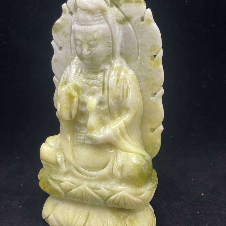 The 7 Directions - Wholesale Sculpture - 6" Serpentine Guan Yin on Lotus carving F35A