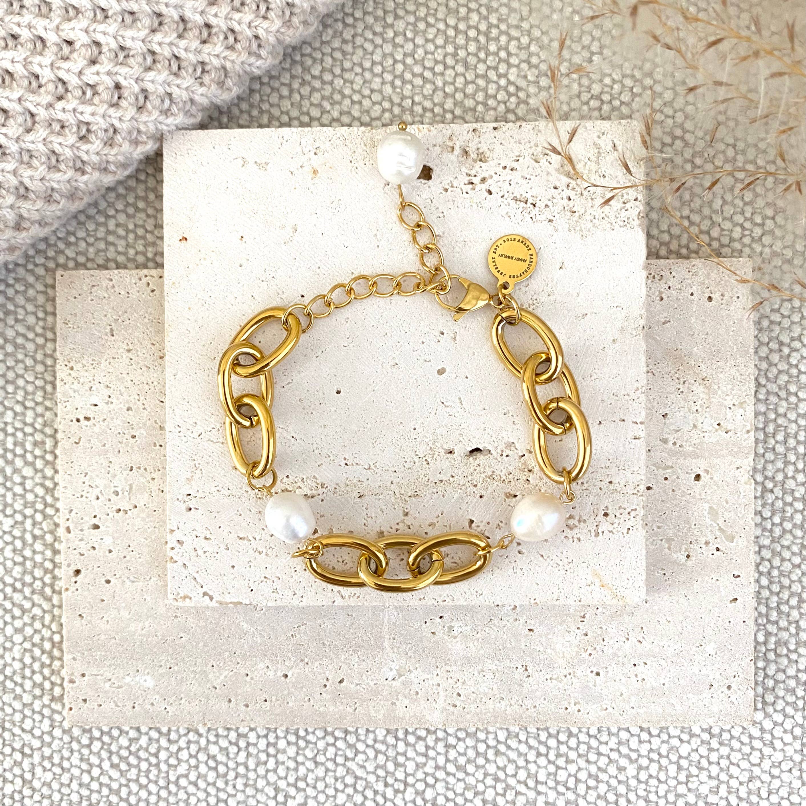 Amady Jewelry - Wholesale Link & Chain Bracelet - Oval chain big pearl bracelet 18k gold plated stainless stee7