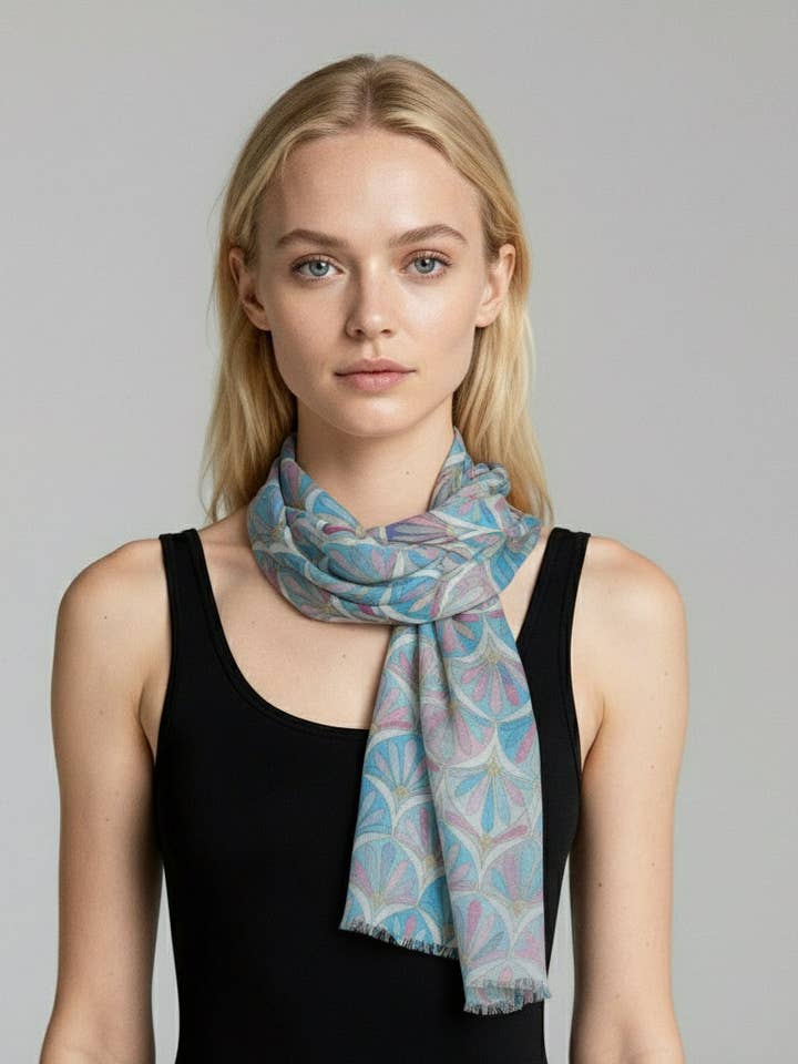 Art Deco Fans Abstract Scarf Fine Wool Designer Wrap | Turquoise Blue & Pastel Pattern for wholesale by Namaskar Australia
