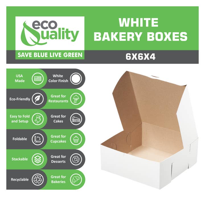 EcoQuality - Wholesale Gift Box - White Bakery Pastry Boxes 6" x 6" x 4" Eco-friendly