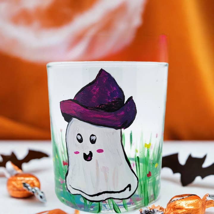 Little Ghost in a Flower Field 11oz Tumbler Glass for wholesale by Art by Amy Bridges