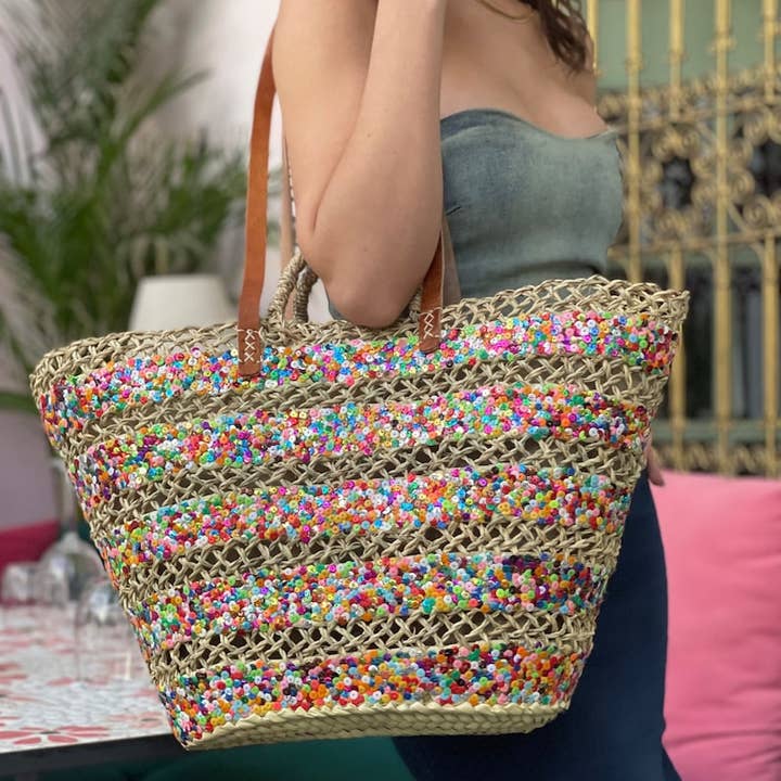 Sequin Straw Bag, French market bag, Beach bag, Straw Basket for wholesale by craftberber