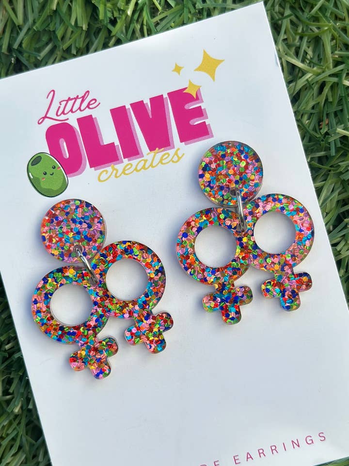 🌈 Confetti Acrylic Femme Love Dangle Earrings | Pride Statement Earrings | Handmade Hypoallergenic Earrings for wholesale by Little Olive Creates