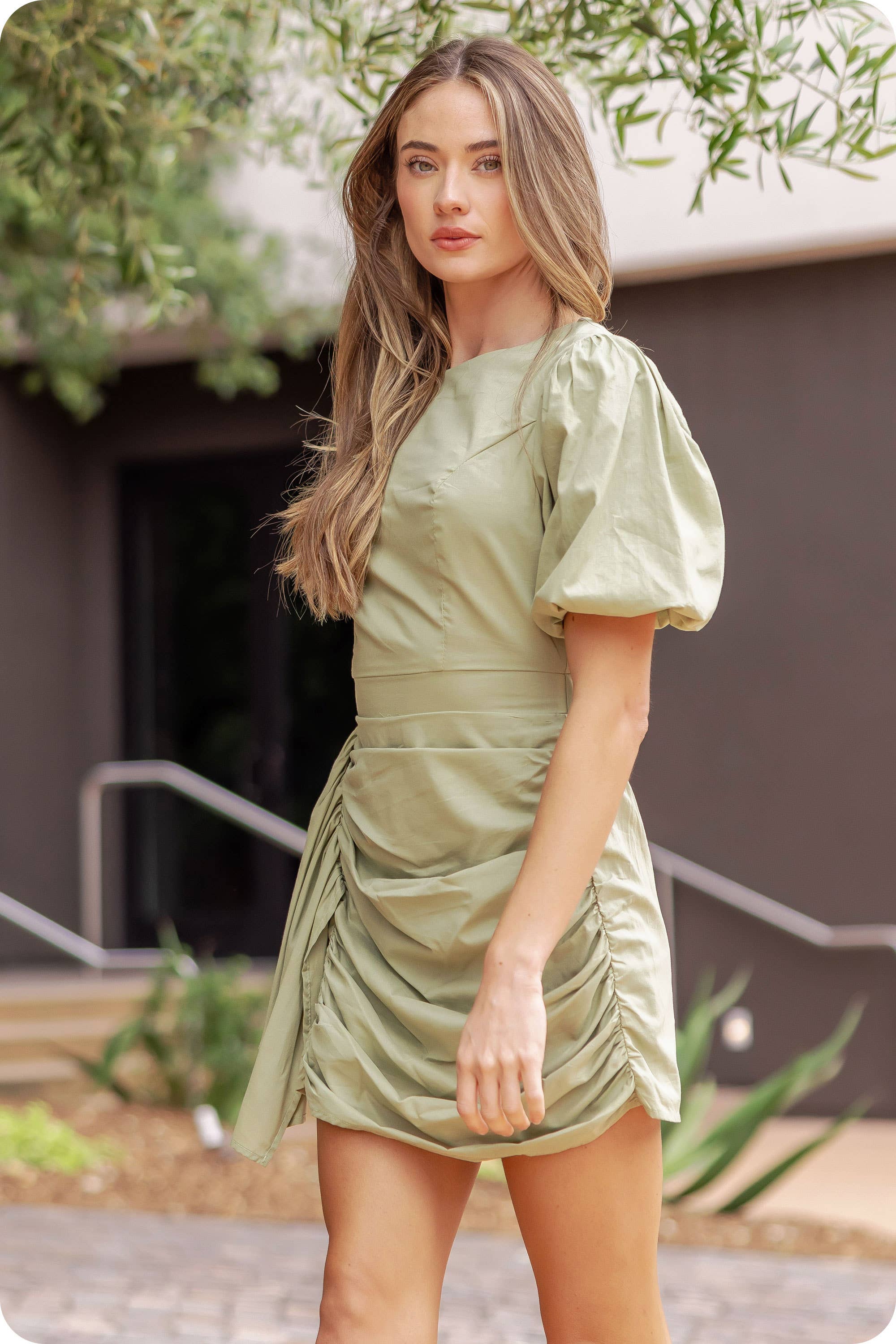 Strut & Bolt - Wholesale Dress - Women's - Ruched Short Puff Sleeve Voile Mini Dress21