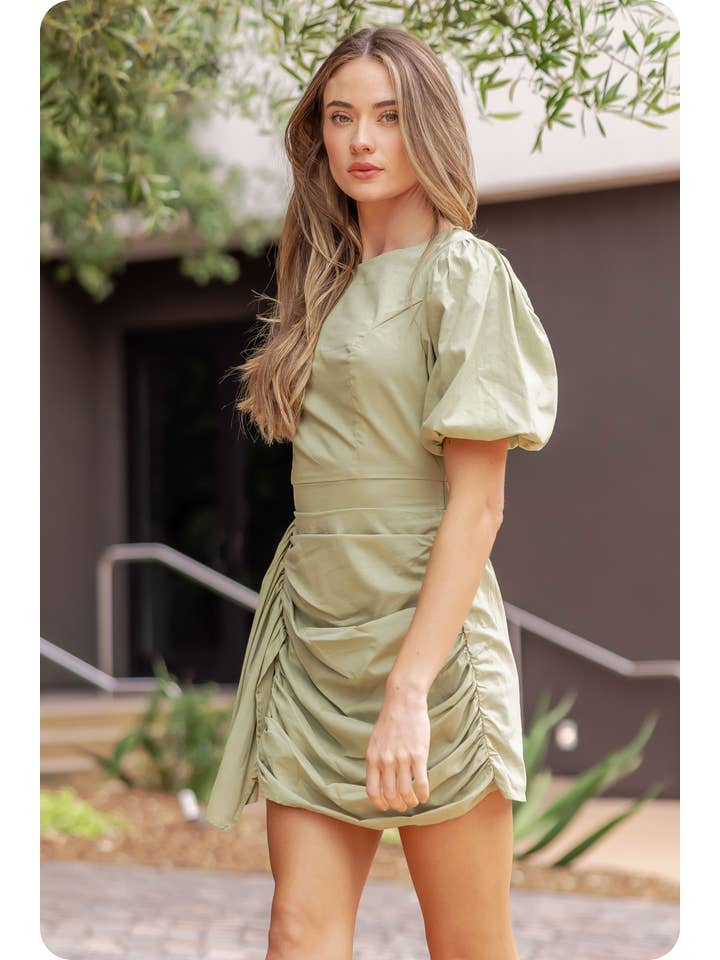 Strut & Bolt - Wholesale Dress - Women's - Ruched Short Puff Sleeve Voile Mini Dress21