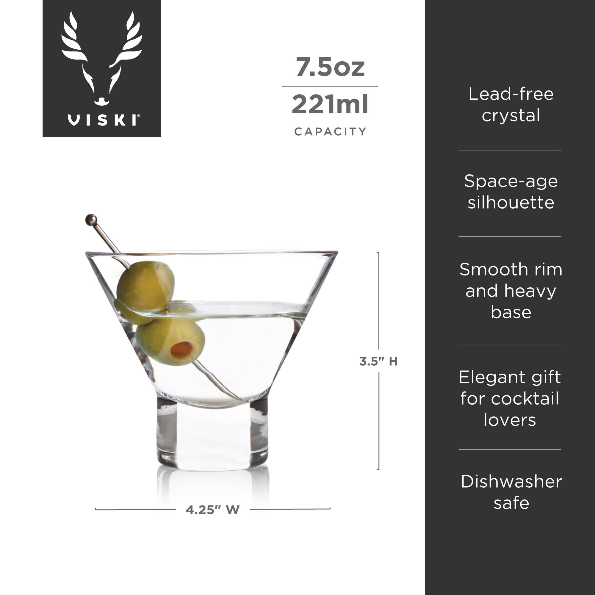 Viski - Wholesale Cocktail/Liquor Glass - Raye™ HeavyBase Stemless Crystal Martini Glasses Set of 26