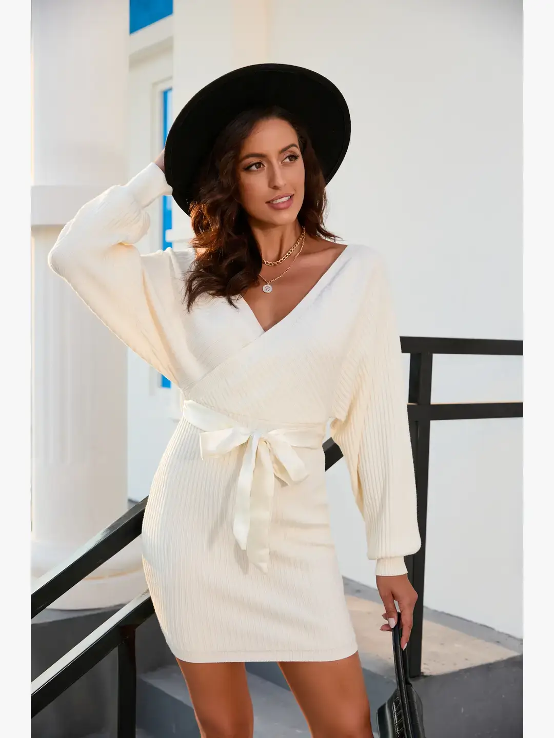 GEXWORLDWIDE – Engroshandel Kjole - Dame – Lang lanterneærme slank sweater omslagskjole akryl8