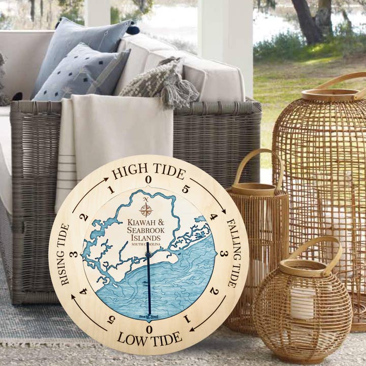 Kiawah & Seabrook Tide Clock Nautical Wood Map 2 Sizes for wholesale by Sea & Soul Nautical Chart Art