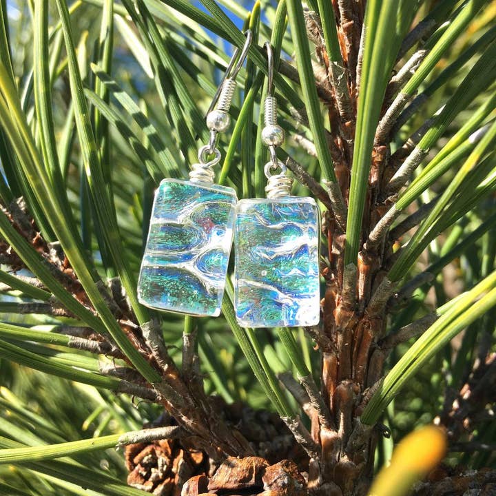 Flame Work Designs - Glass Jewelry - Vente Boucles d'oreilles pendantes - Boucles d'oreilles en verre dichroïque - Rainbow Clear1