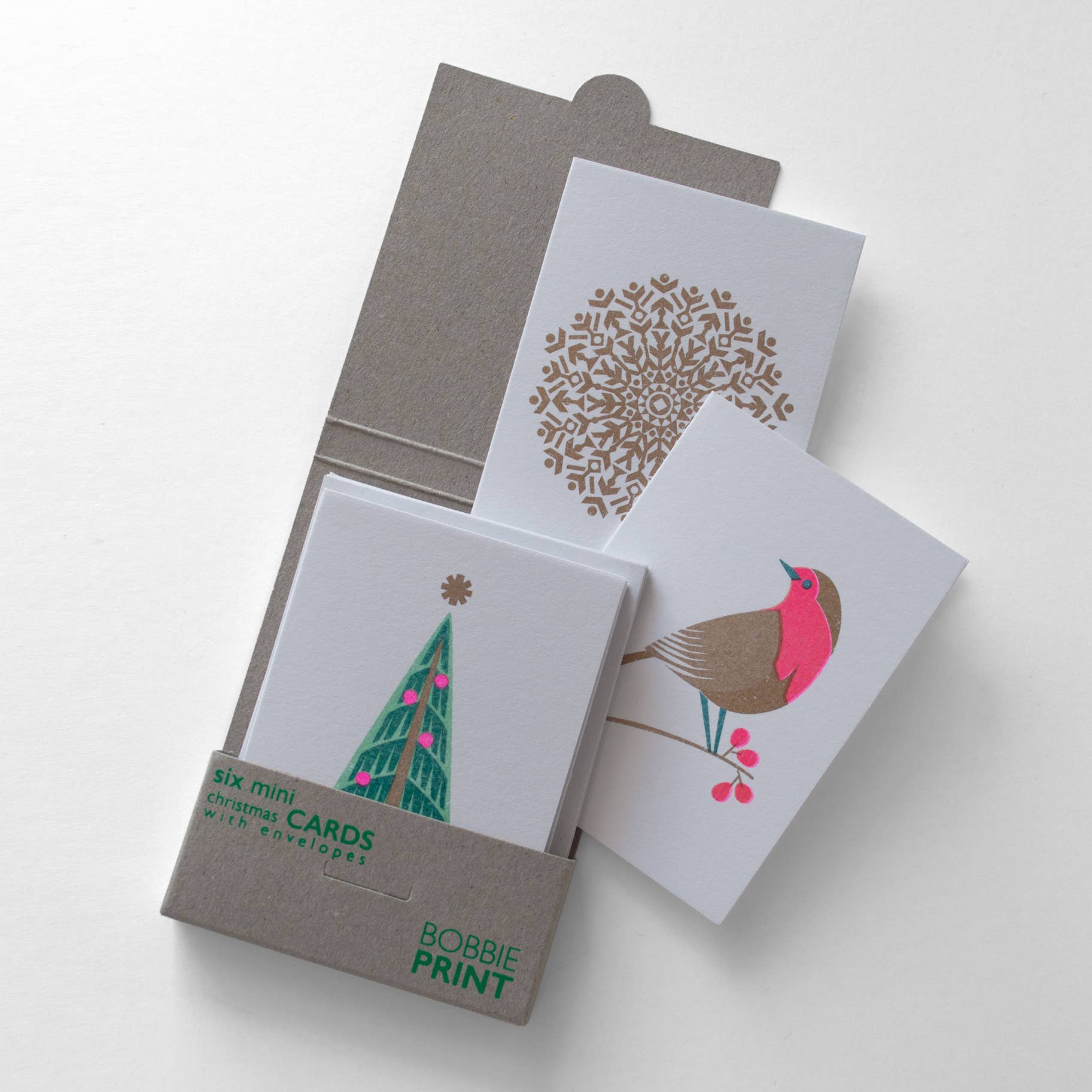 Bobbie Print – wholesale Christmas card – Boxed Set of 6 Mini Risograph Printed Christmas Cards Green2