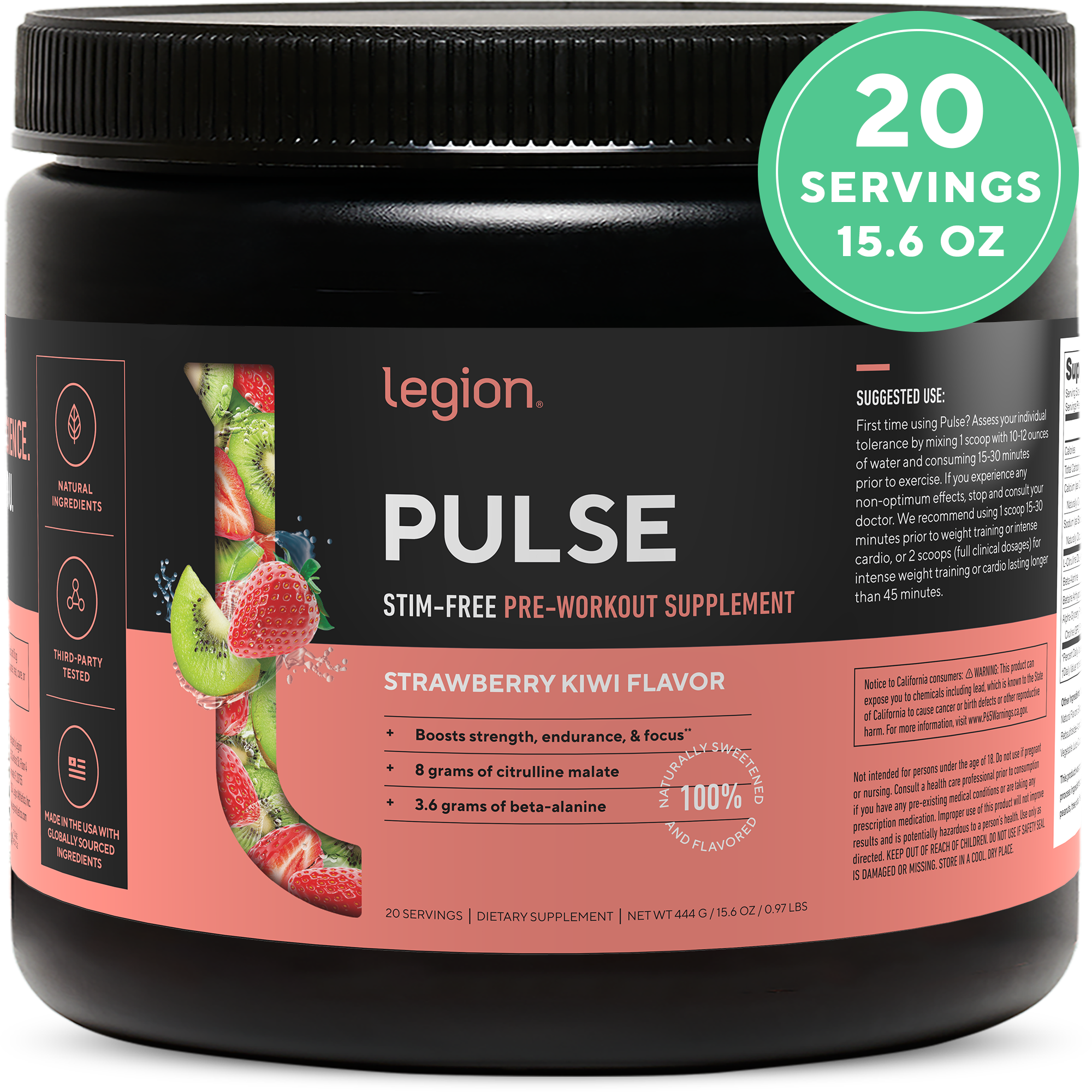 Legion Athletics, Inc. - Wholesale Protein/Superfood Powder - Legion Pulse Natural Pre-Workout Supplement Caffeine-Free - 20 Servings (Strawberry Kiwi)10