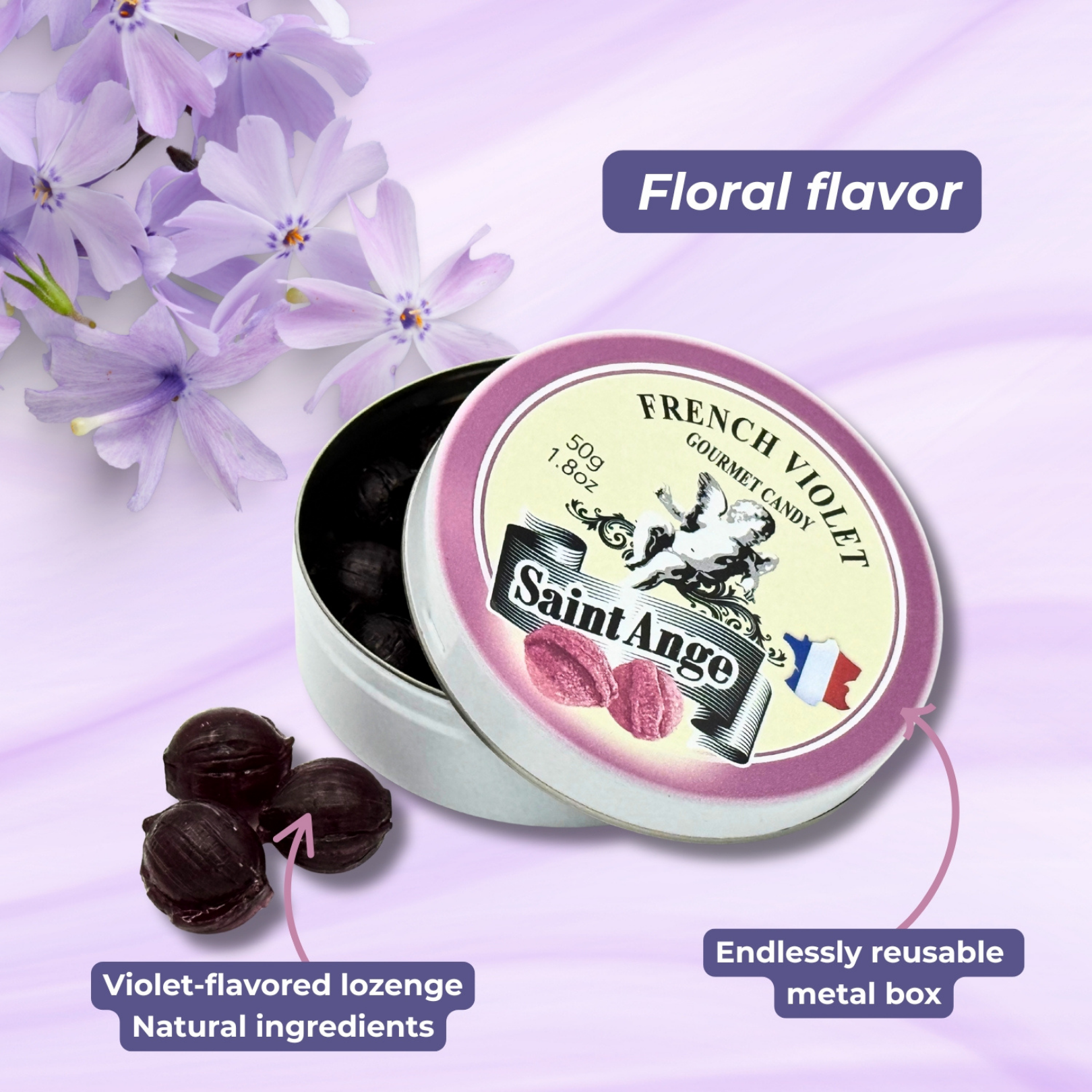 Bonbon USA France - Vente Bonbons durs - Saint Ange Violet - Bonbons Gourmets Naturels Français en Boîte4