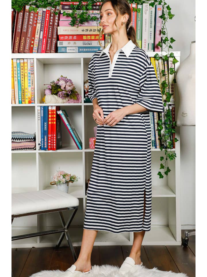 Navy Collared Drop Shoulder Striped Printed Polo Dress VD82307 for wholesale on Faire10