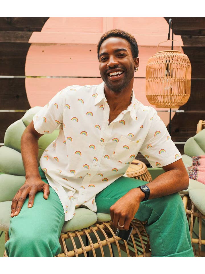 Tipsy Elves - Wholesale Button Down Shirt - Unisex - White Rainbow All The Way Hawaiian Shirt - Pride Button Down