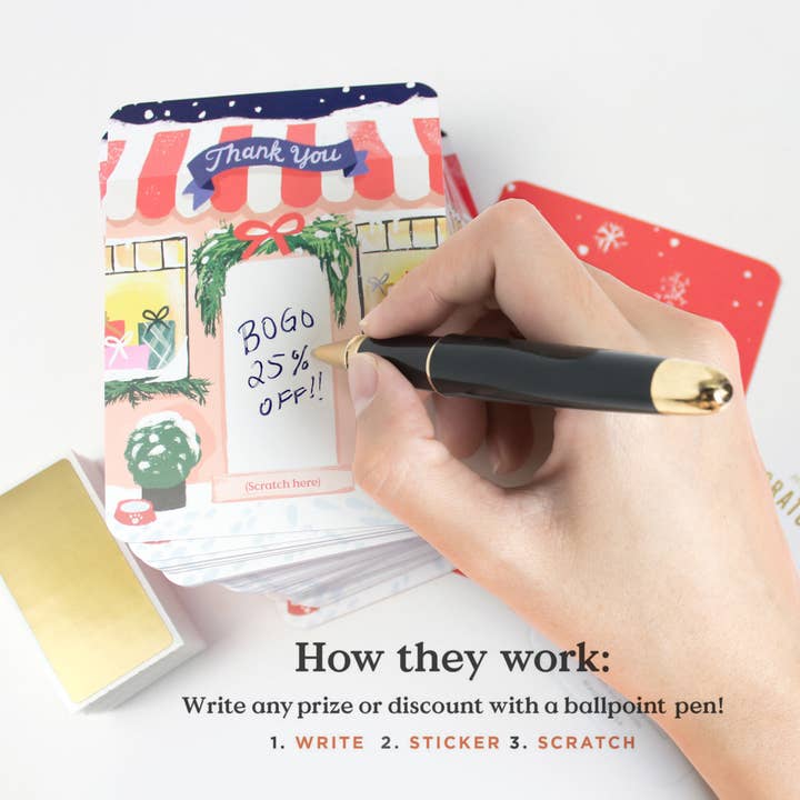 Inklings Paperie - Wholesale Stationery/Notecard Set - 100 Customer Scratch-off Cards - Winter Shop Small
