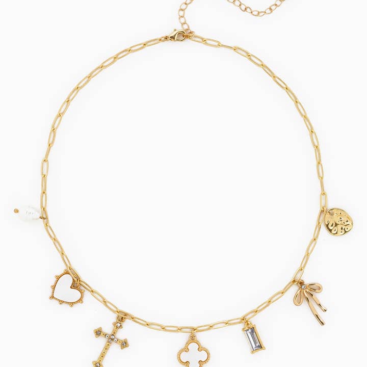 Sessori - Wholesale Pendant/Charm Necklace - MOP Clover Multi Gold Charm Necklace