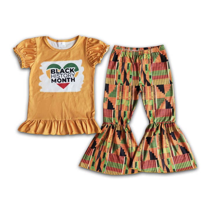 Black history month shirt bell bottom pants girls boutique clothing for wholesale by Yawoo Garments