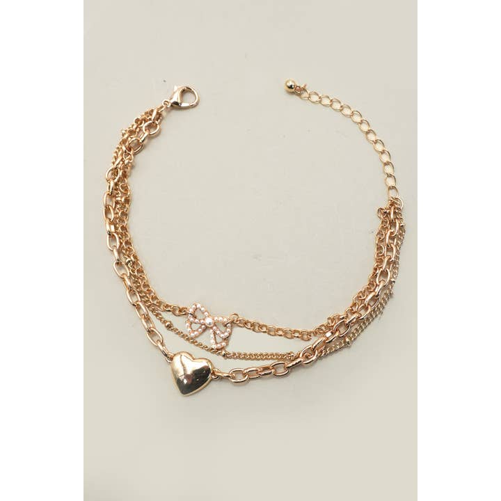 Gold CHARM BRACELET-MULTI LAYER HEART BOW PEARL CHARMS | 80B1293 for wholesale on Faire