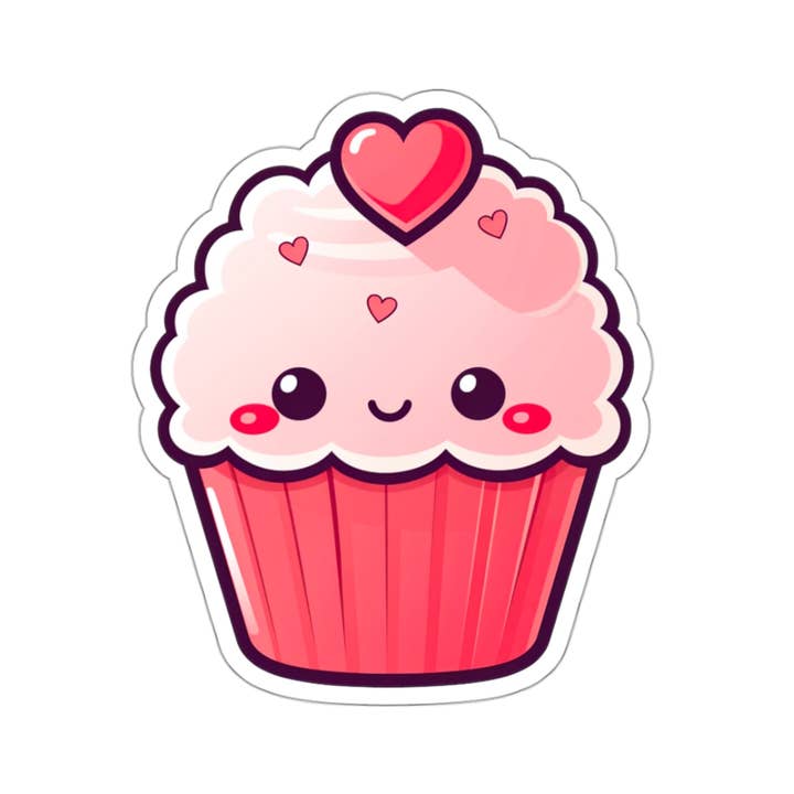 Kawaii Happy Pink Valentine Cupcake Sticker for wholesale by LivLearnLove