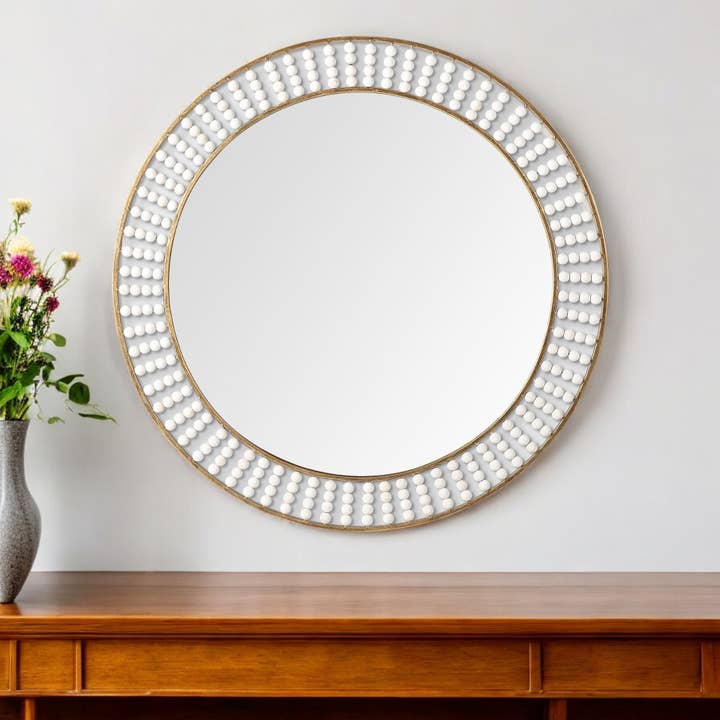HomeRoots - Wholesale Wall mirror - 42" Round Gold Metal Frame Wall Mirror With White Wood Beads