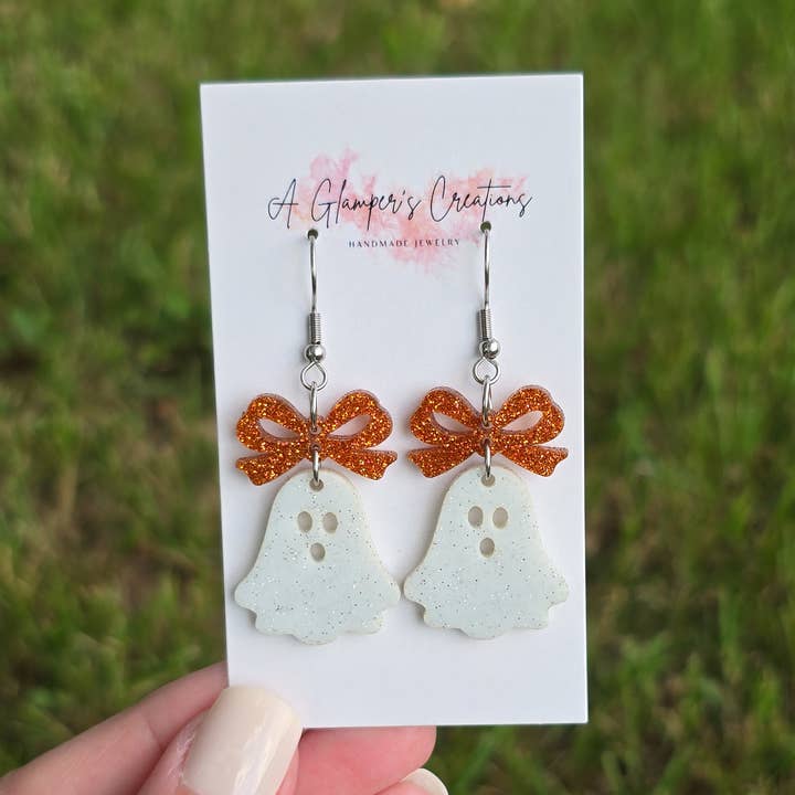 Ghost with Orange Bow Halloween Acrylic Earrings for wholesale by A Glamper's Creations LLC