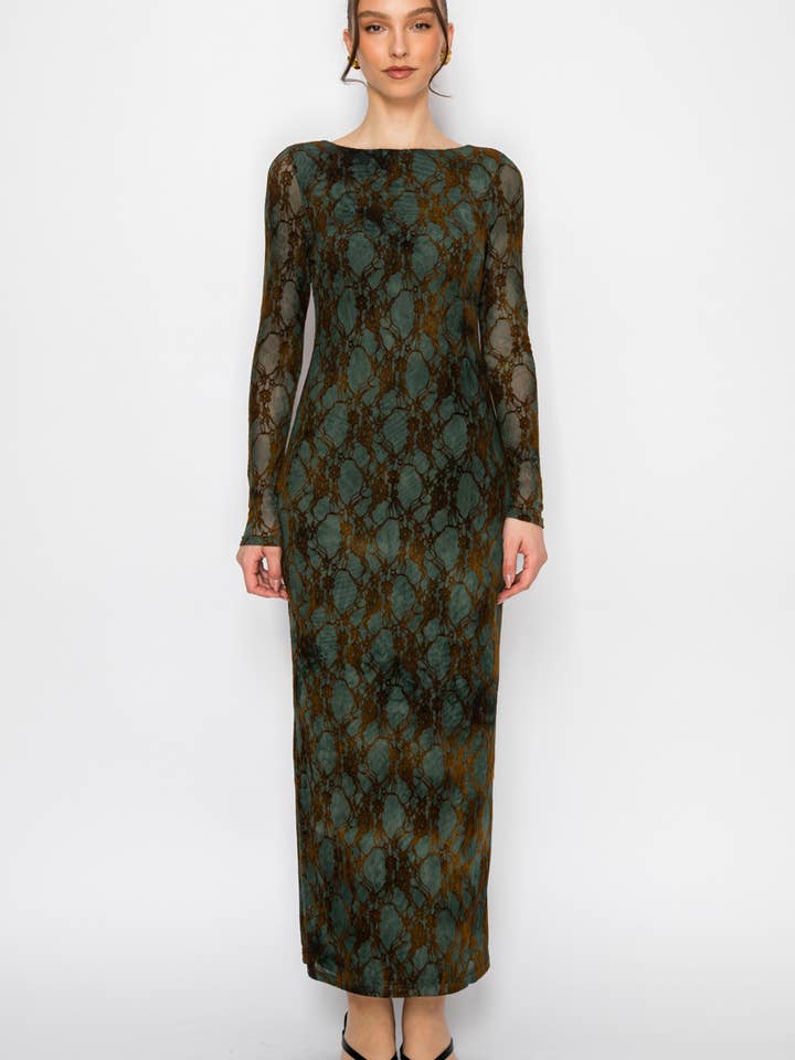 Tie-Back Burnout Mesh Print Long Sleeve Maxi Dress for wholesale by Nabae Clothing