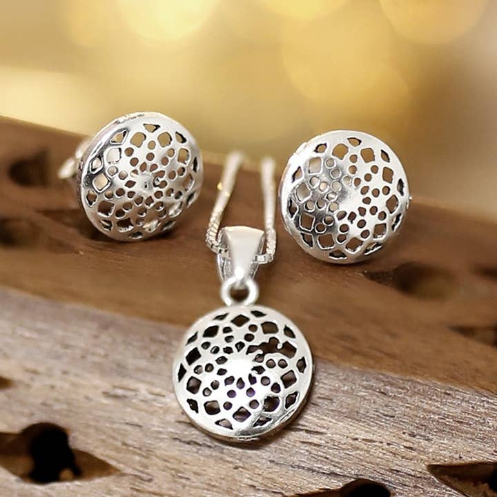 Silver necklace and earrings set - mandala for wholesale by Ethike.eu