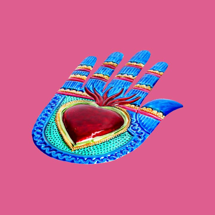 PINK PAMPAS - Wholesale Wall Accent - Ex Voto Mexican handmade hand with heart in bas-relief1