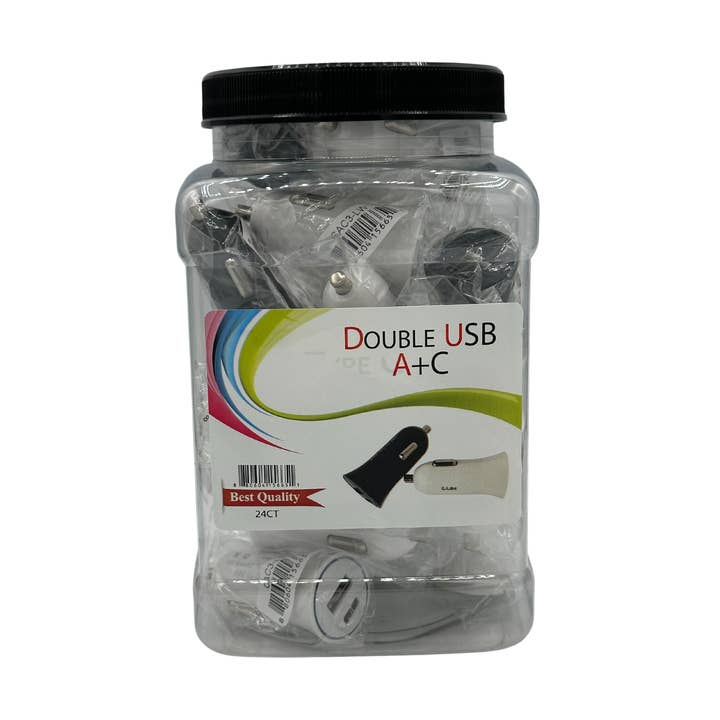 Car Double USB A+C Adapter Jar Charger Display 24CT for wholesale by K & S WHOLESALE INC