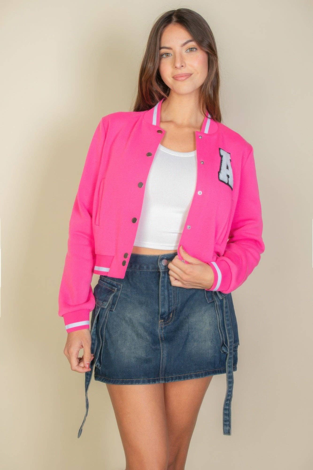 CC Wholesale Clothing - Wholesale Varsity/Baseball Jacket - Women's - Ezwear Letter Patched Crop Varsity Jacket3