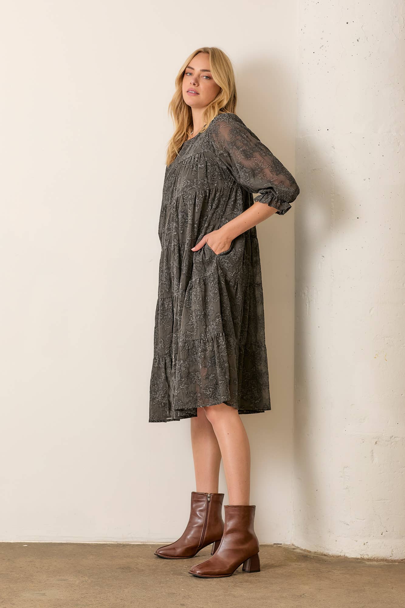 CHARCOAL PRINTED TEXTURED FLORAL ROUND NECK TIERED DRESS for wholesale on Faire2