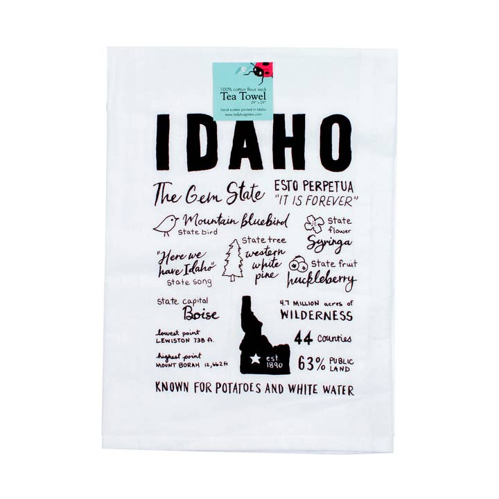 Idaho Facts Tea Towel, Idaho Souvenir Kitchen Towel for wholesale by Ladybug Press