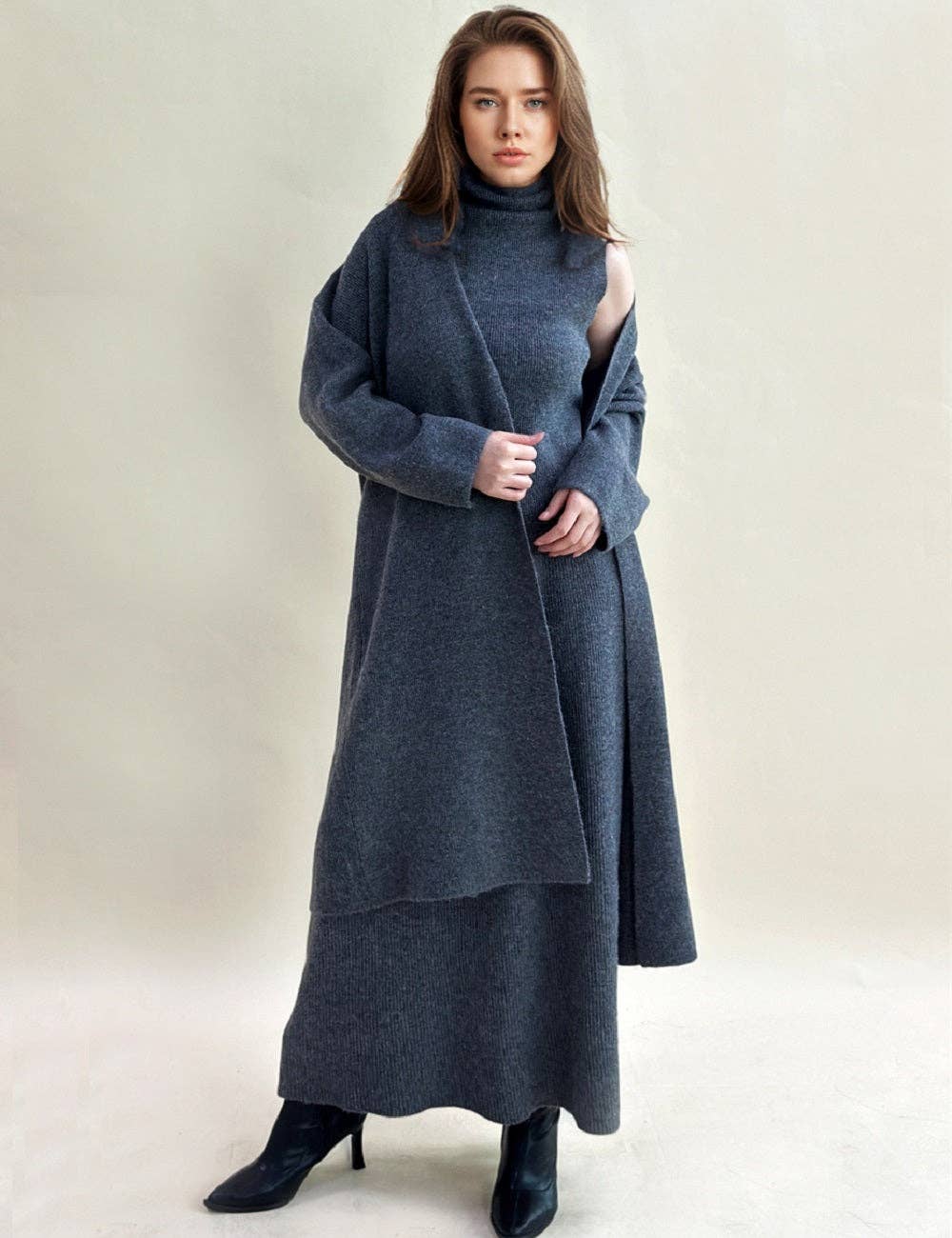 Sweetkama - Vendita all'ingrosso Completo top e gonna - Donna - Set maglione in maglia da donna in tinta unita 3 pezzi 0777