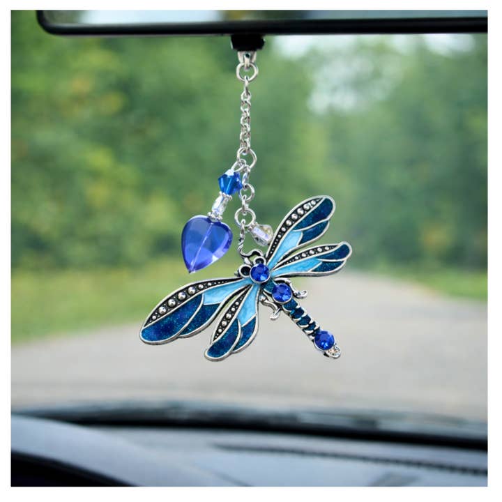 Blue Dragonfly Rearview Mirror Charm with Heart for wholesale by EarthlieTreasures