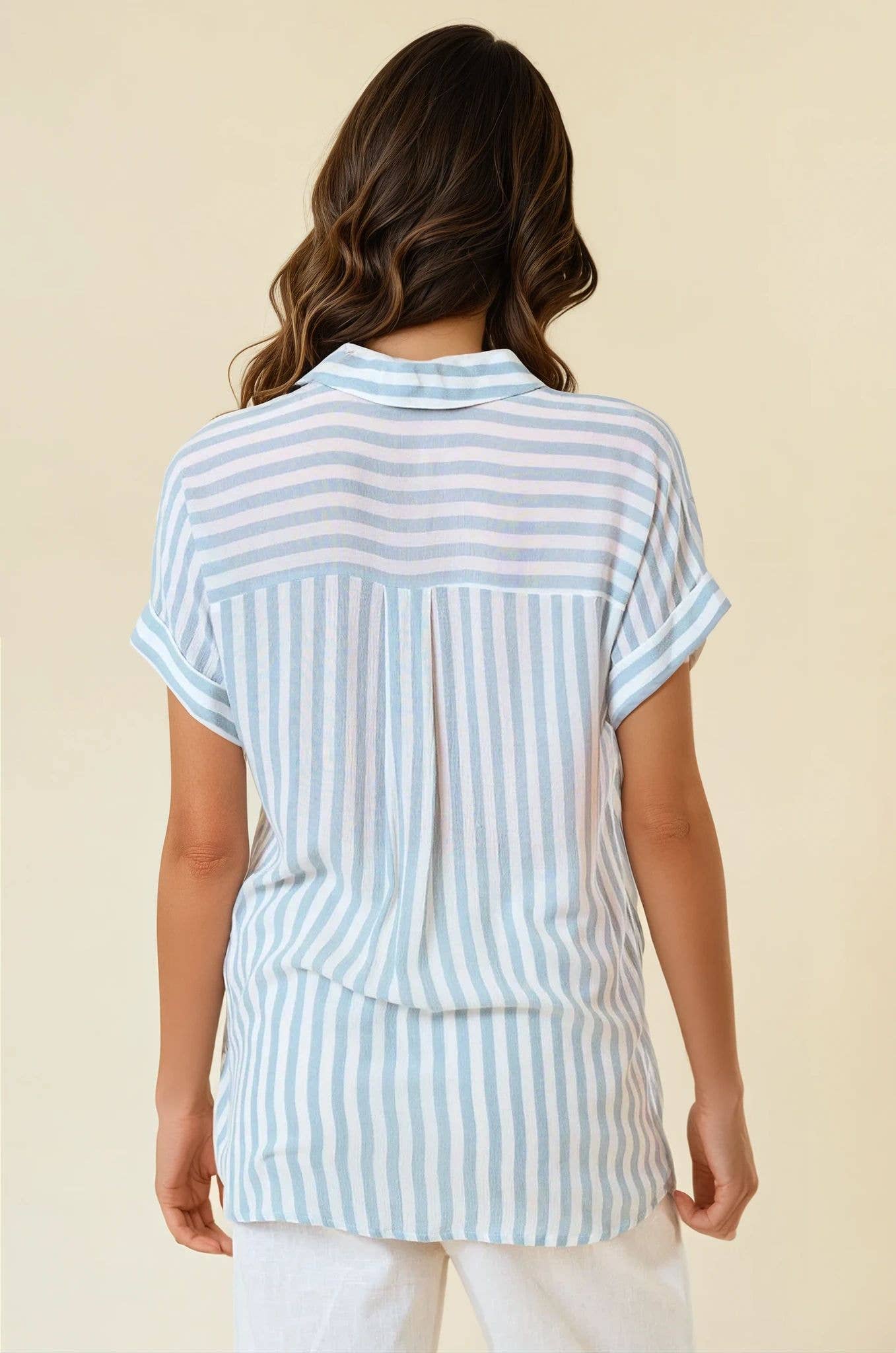 White Dusty Blue Striped Short Sleeve Shirt With Rolled Cuffs - 41321T for wholesale on Faire3