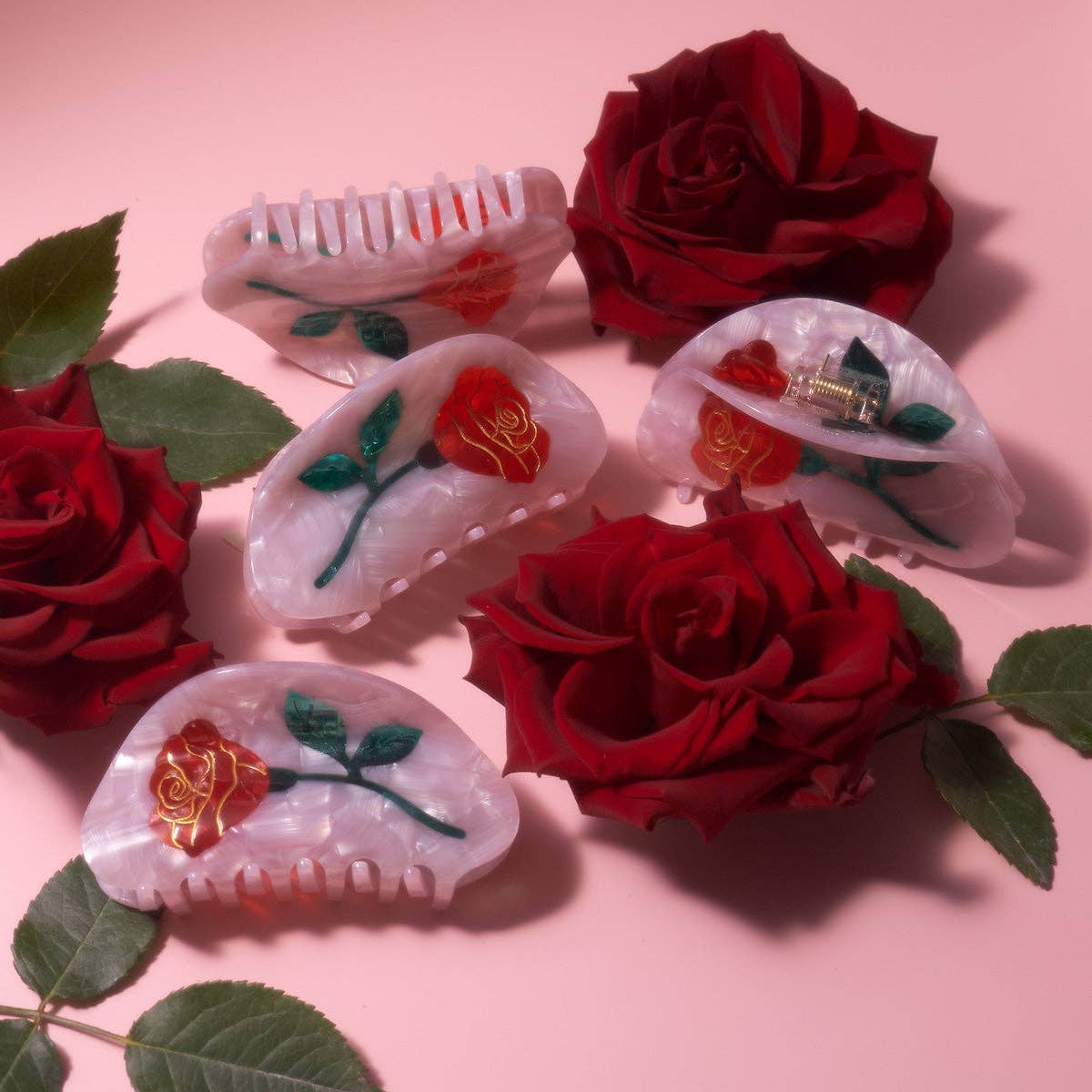 WINONA IRENE - Wholesale Hair Clip - Women's - Women's Belle Pink Single Red Rose Acetate Hair Claw 7