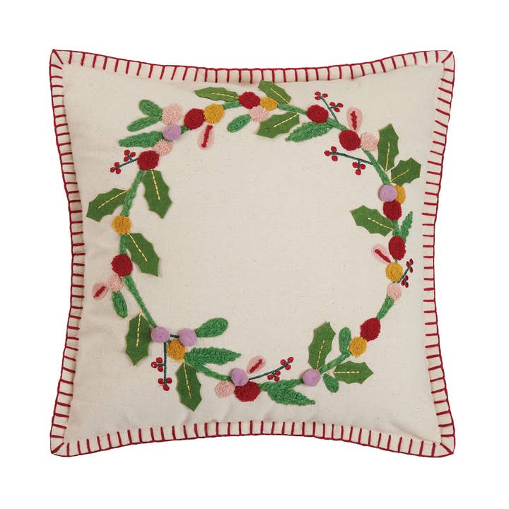 Peking Handicraft - Wholesale Throw/Decorative Pillow - Boho Holiday Wreath Embroidered Pillow