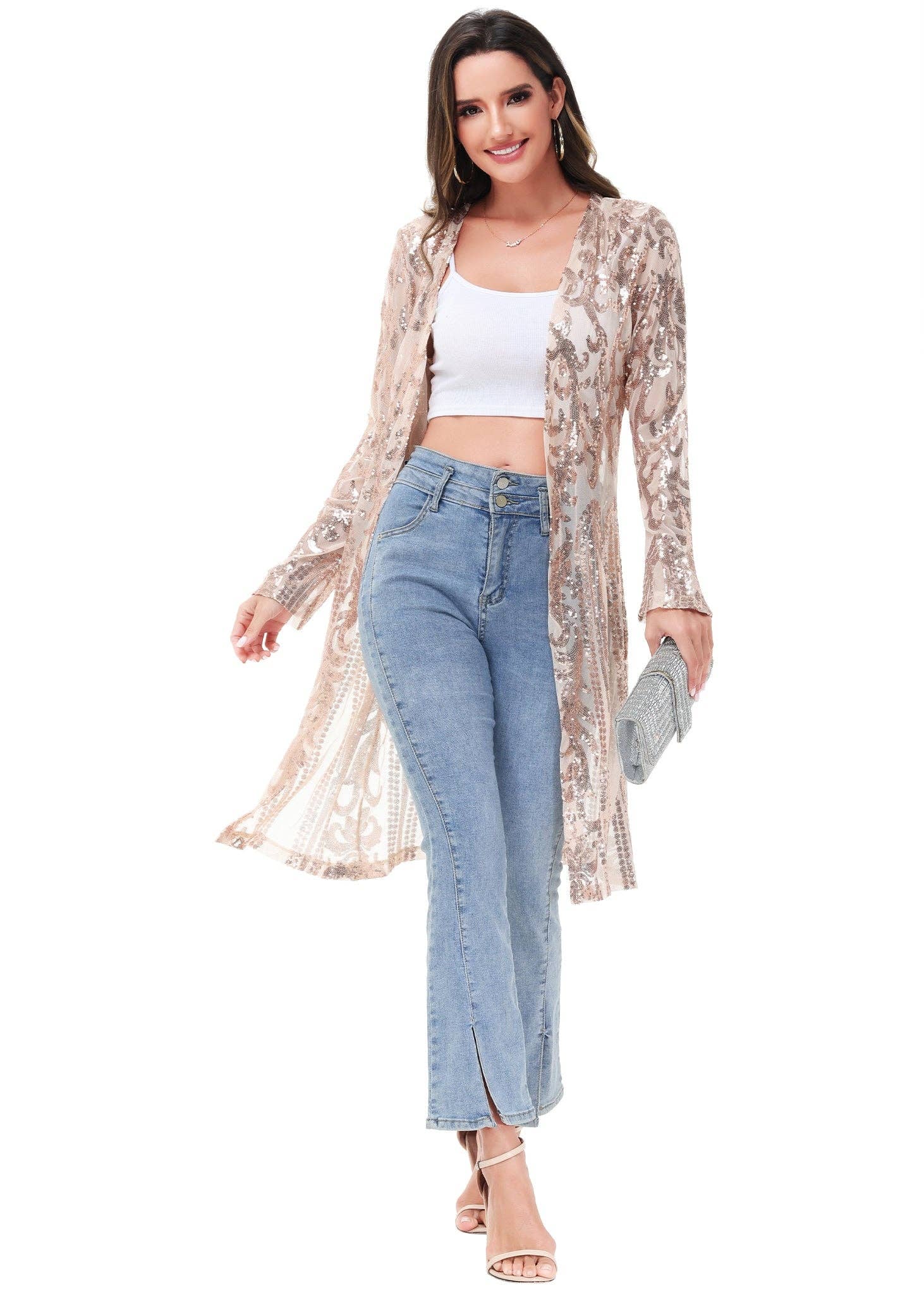 Anna Kaci Wholesale - Vente Kimono – femme - Cardigan à paillettes pour femmes à manches longues et ouvert sur le devant4