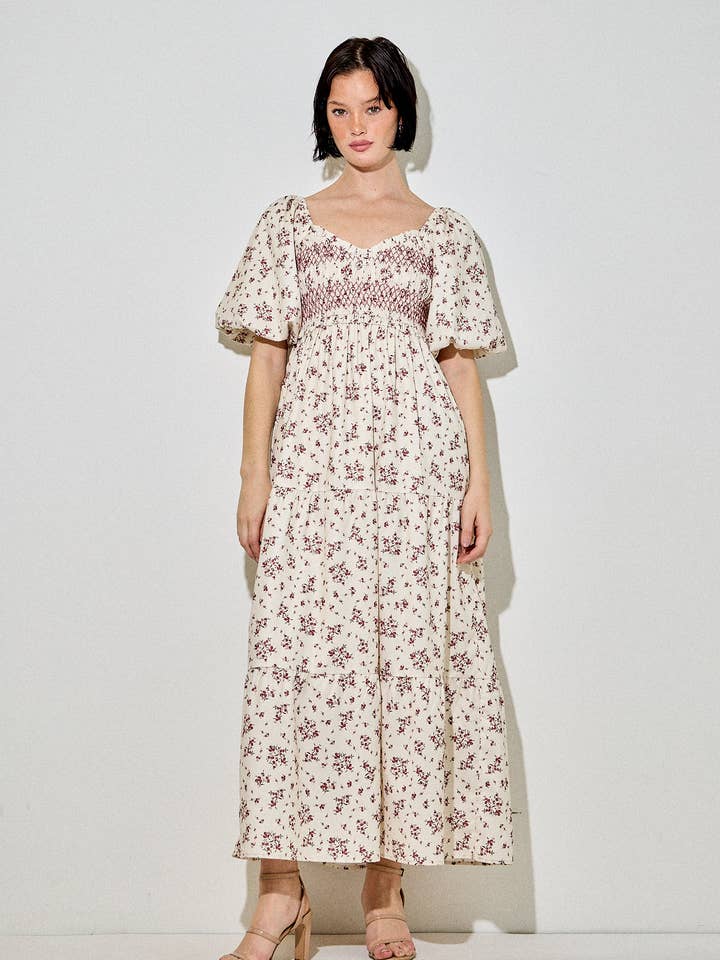 FLORAL BUBBLE SLEEVE MAXI DRESS for wholesale by Baevely by Wellmade USA