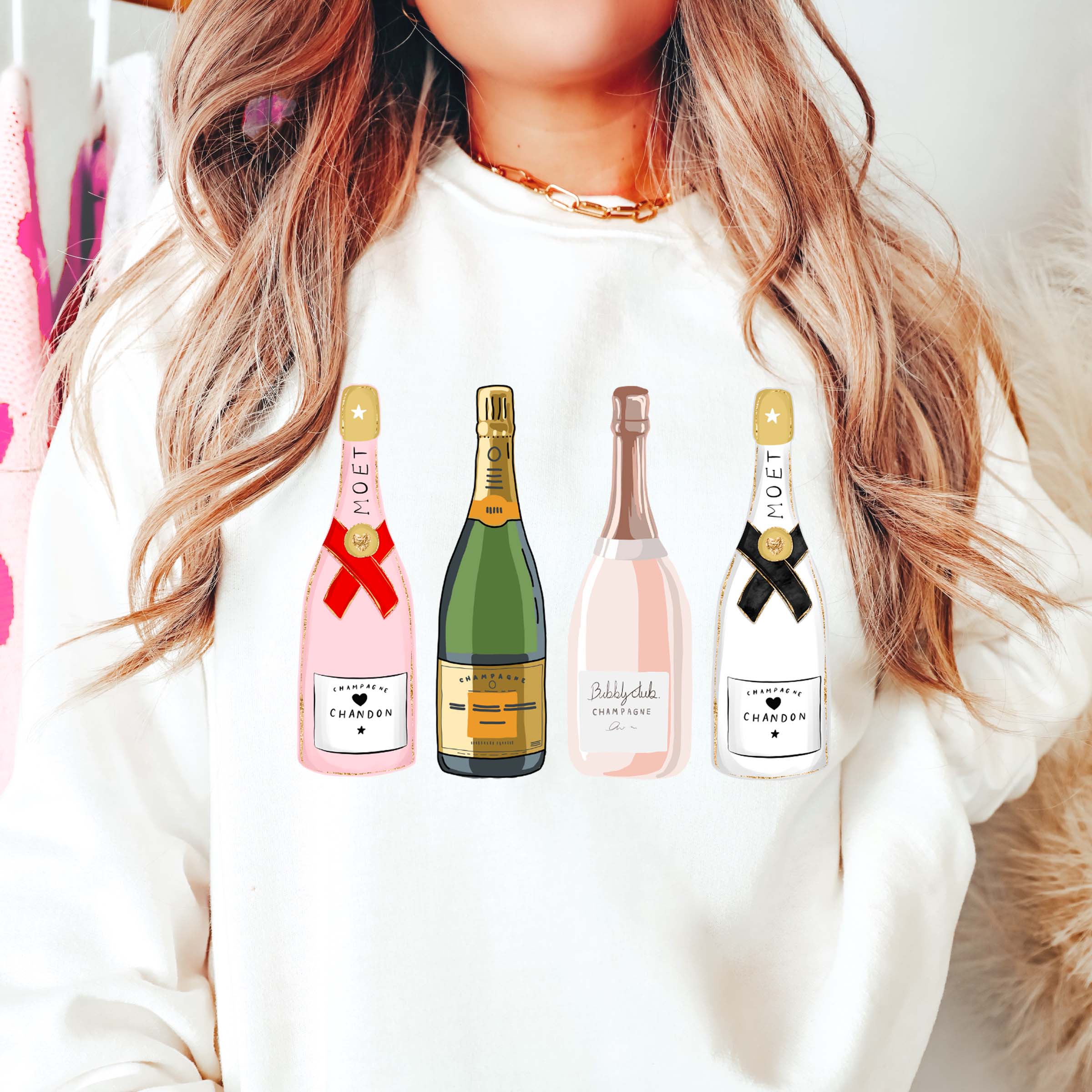 Limeberry Designs - Wholesale Graphic Sweatshirt - Women's - Festive Champagne Bottles Wholesale Graphic Sweatshirt - Fast Shipping0