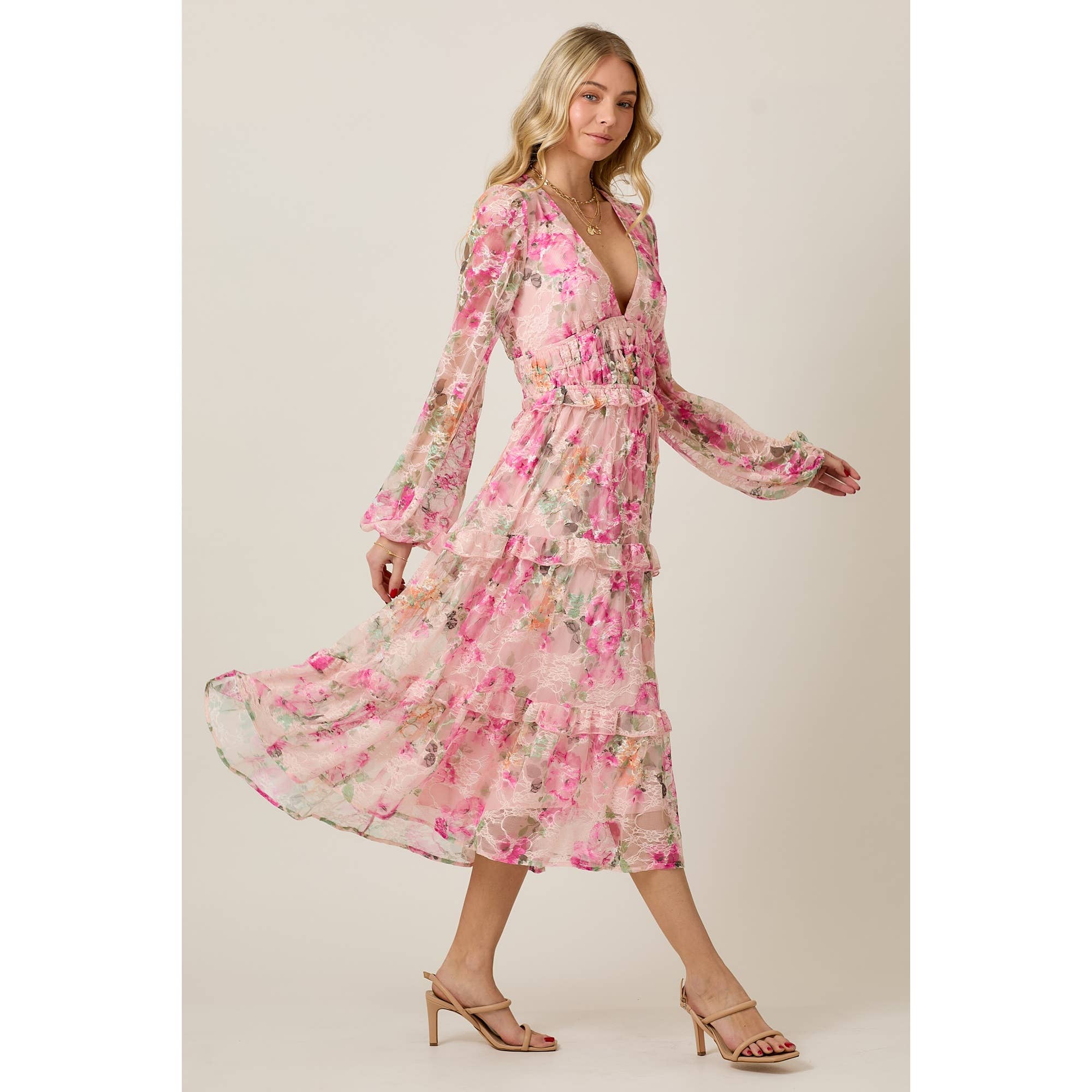 SKYLAR ROSE – wholesale Dress – Women's – FLORAL LACE LONG SLEEVE TIERED MIDI DRESS3