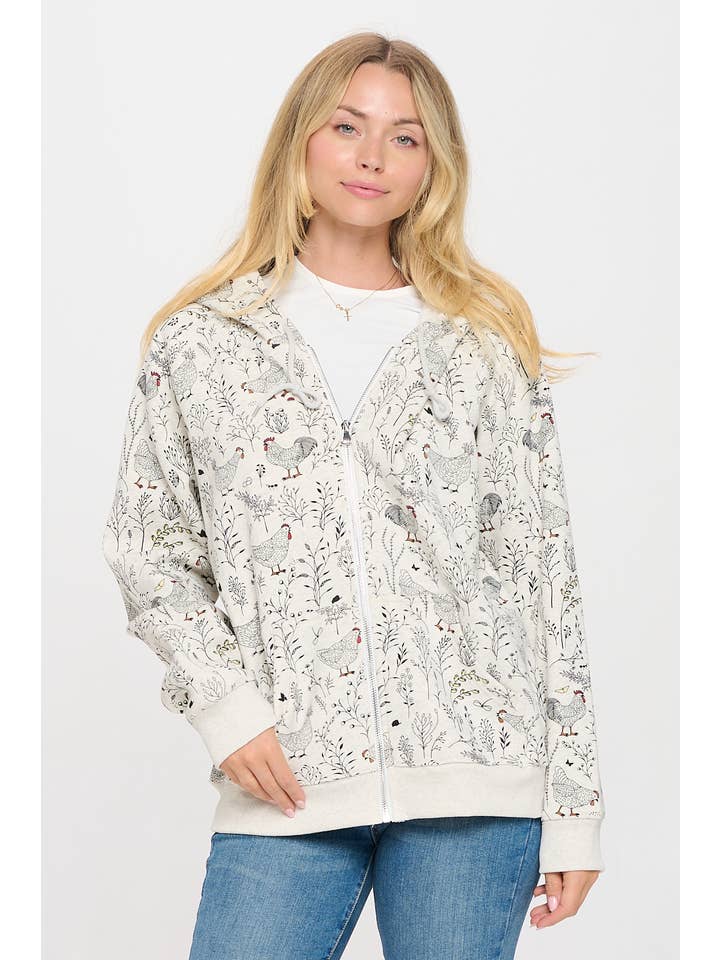 SM WARDROBE - Wholesale Hoodie - Women's - ROOSTER FLORAL PRINT ZIP HOODIE