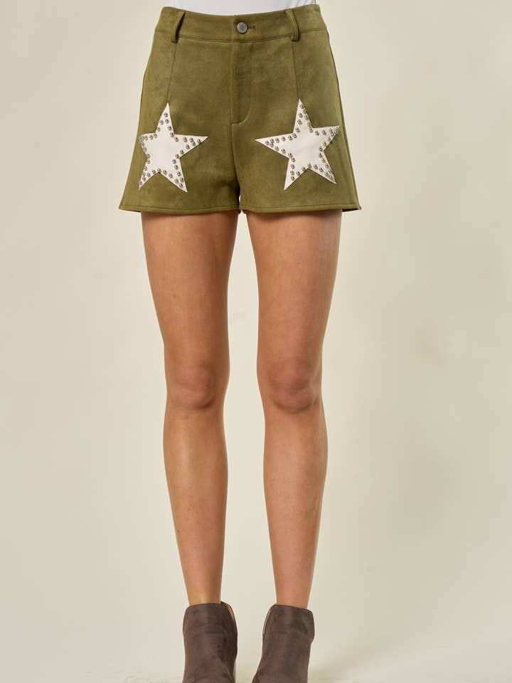 Saints & Hearts - Wholesale Shorts - Women's - SIP6191A OLV SUEDE SHORTS WITH SOLID SILVER STUDDED STARS